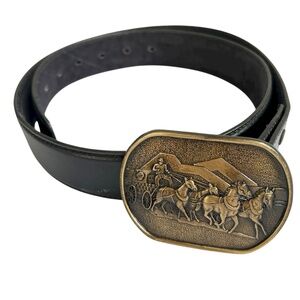 Western Stagecoach Buckle on Dark Brown Leather Belt Cowboy Brass Tone 3" x 2.5"